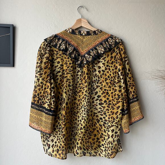 Kobi Halperin Top‎ Leopard Print Ruffle Trim Silk Cotton Gold Blouse Size L - Picture 7 of 9